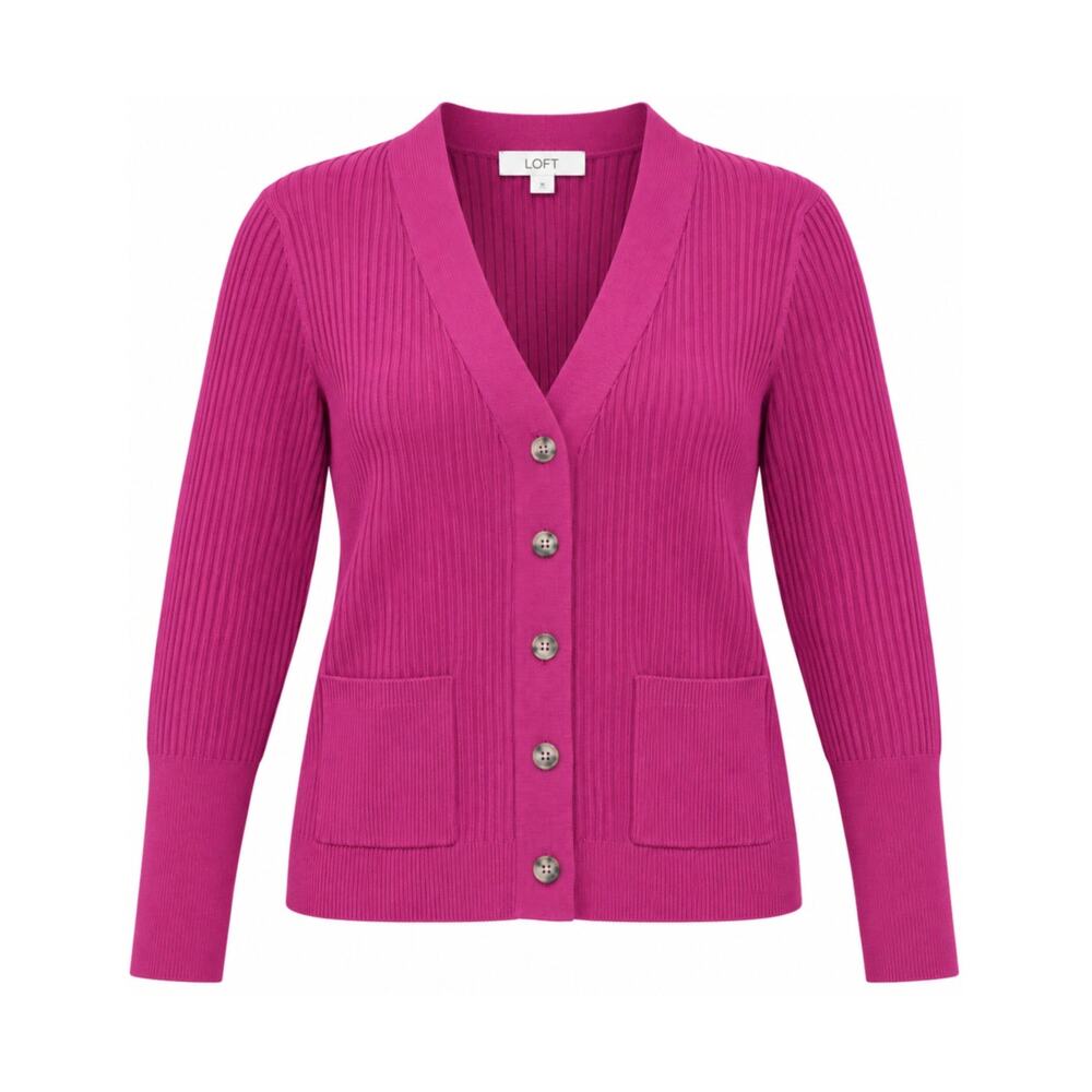 LOFT Magenta Ribbed Cardigan XL Grandmacore Preppy Academia Feminine Chic